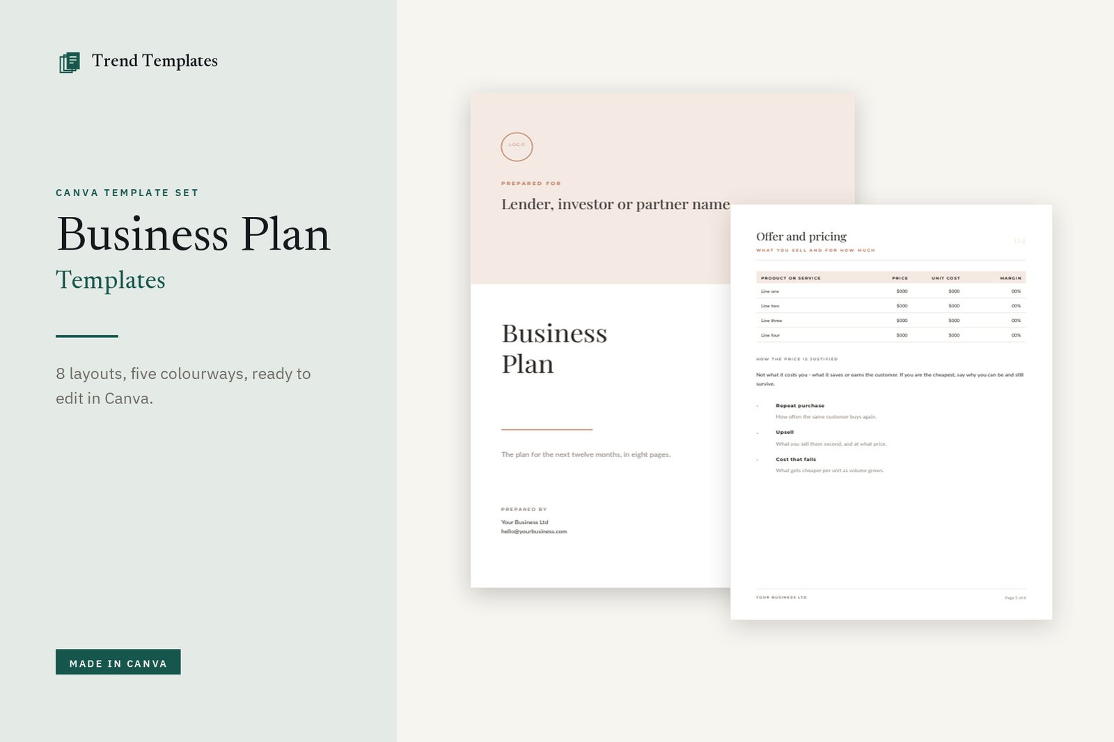 Canva Business Plan Template - 8 Pages, 5 Colourways