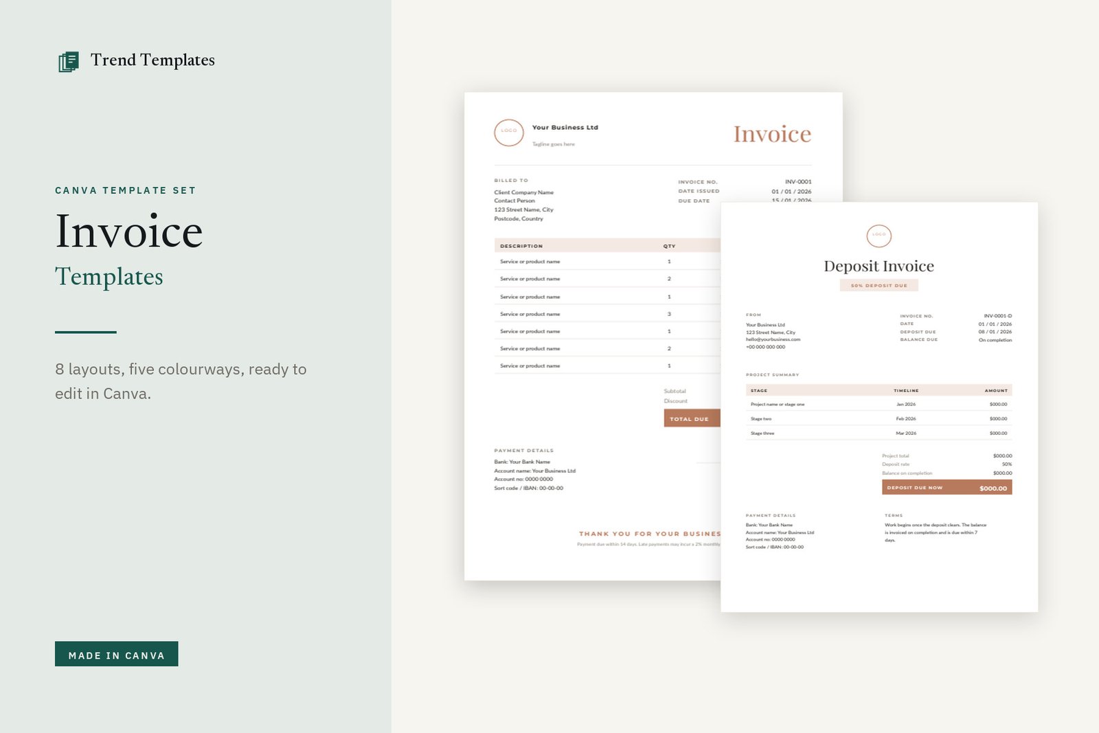 Canva Invoice Templates - 8 Layouts, 5 Colourways