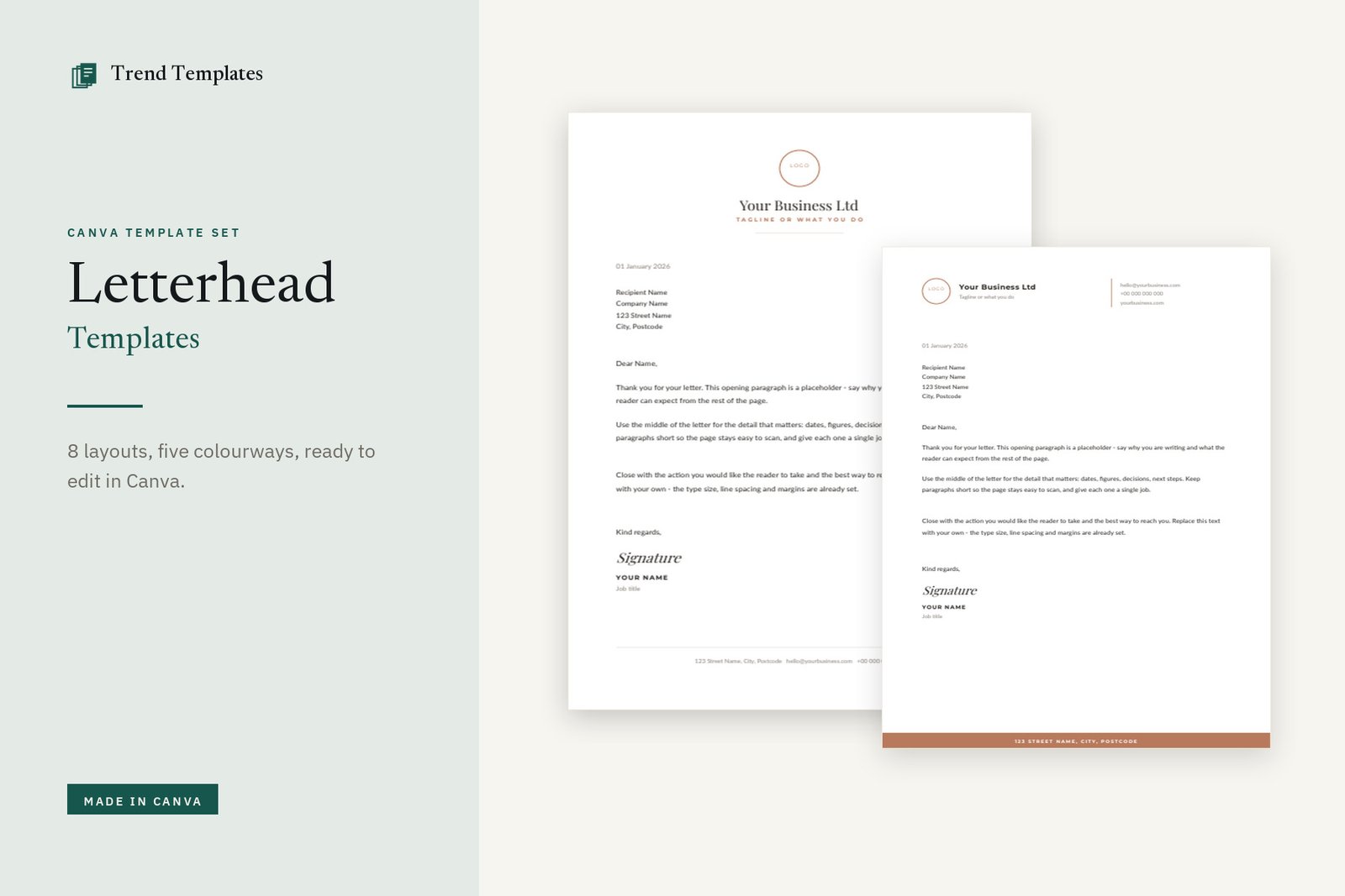 Canva Letterhead Templates - 8 Layouts, 5 Colourways