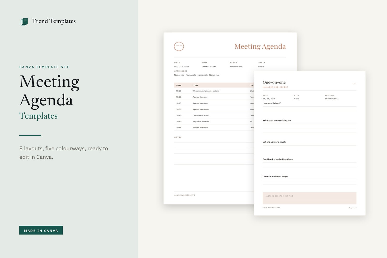 Canva Meeting Agenda Template - 8 Layouts, 5 Colourways