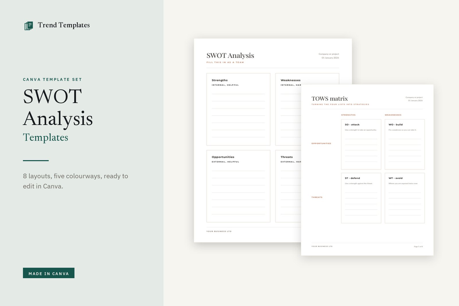 Canva SWOT Analysis Template - 8 Layouts, 5 Colourways